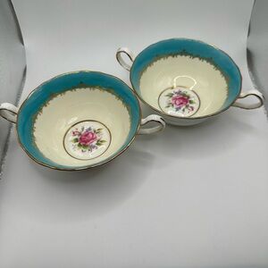 Aynsley Porcelain Floral Double-Handled Soup Cups in Turquoise and Cream, VTG